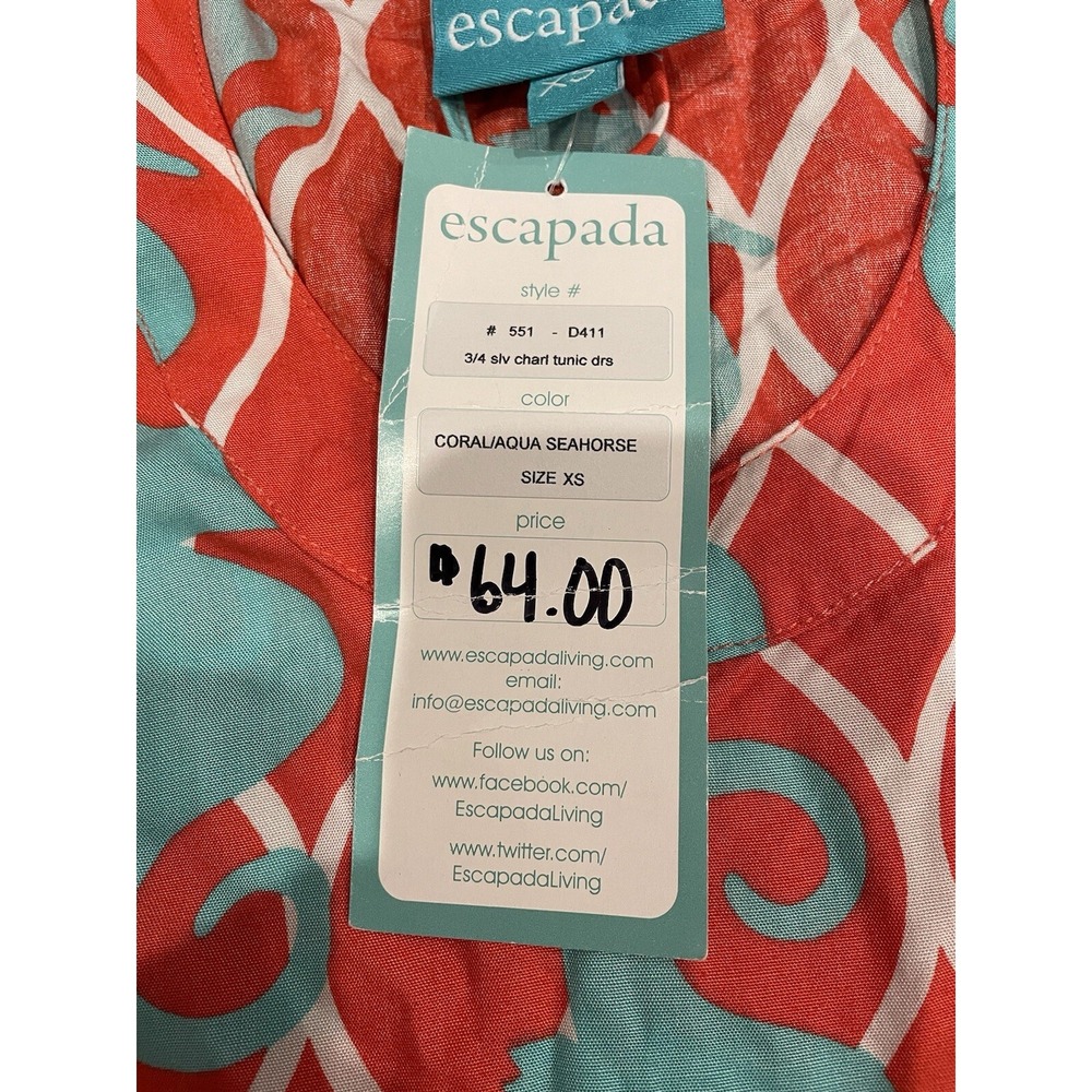 Escapada Living Seahorse Print Belted Tunic Dress Aqua Coral Womens Sz XS - Picture 9 of 9
